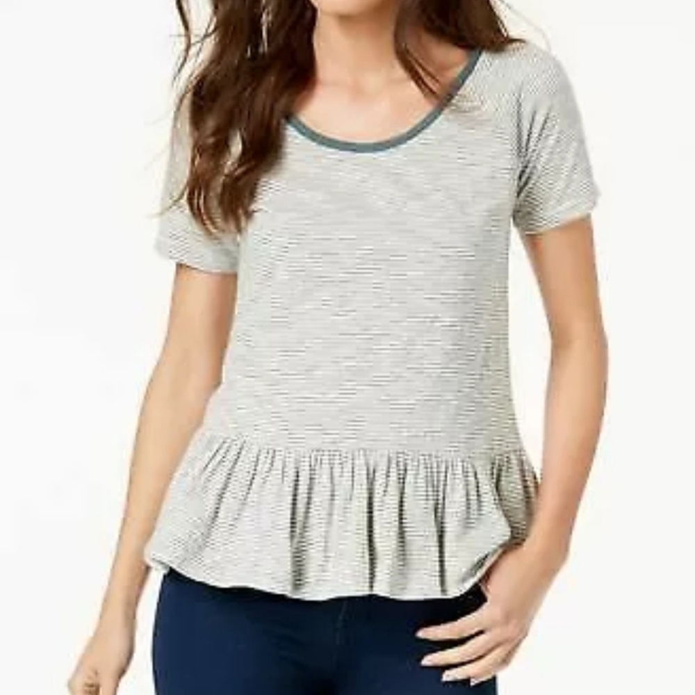 LUCKY BRAND Short-Sleeve Striped Peplum Top M